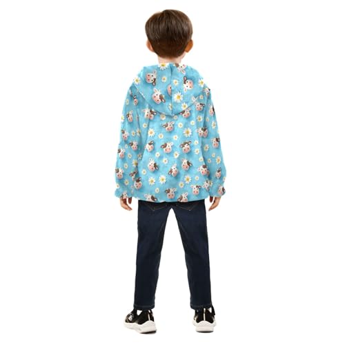 Cute Cow White Daisies Blue Toddler Zip up Hoodie, Comfy Light Fleece Outerwear Jackets 3T4