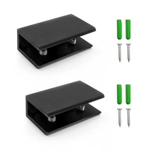 TIANLIN 2 Pièces Support Étagère Verre Réglable, Pince Noire pour Verre de 10-12mm, Équerre Étageres avec Fixation Murale pour Salle de Bain, Salon et...