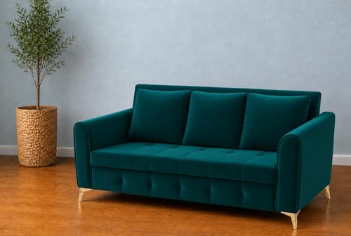 Image of Adorn India Premium Mystic - 3 Years Warranty - 3 Seater Sofa Cum Bed Velvet Suede Fabric - Ocean Blue