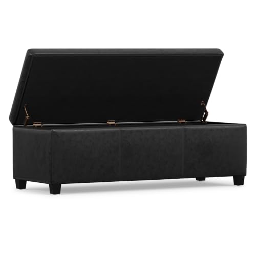 Image of SIMPLIHOME Avalon 48 inch Wide Vegan Leather Storage Ottoman in Black