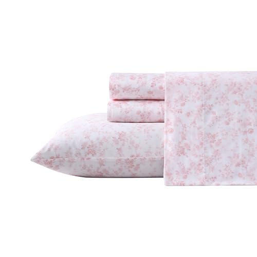 Image of Laura Ashley - Queen Size Sheet Set, Soft Cotton Sateen Bedding with Matching Pillowcases, Fully Elastic Fitted Sheet, Deep Pocket, Floral Room Decor, Silky Smooth All-Season Comfort (Bella Pink)