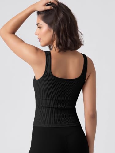 Image of ODODOS 3-Pack Seamless Square Neck Crop Tank for Women Ribbed Knit Soft Low Back Cropped Tops