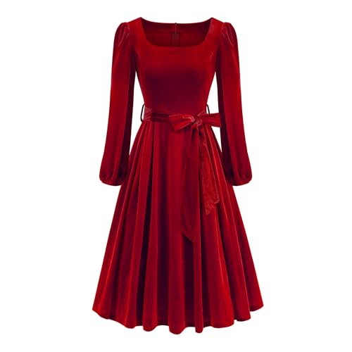 Odizli Weihnachtskleid Damen Elegant Rockabilly Vintage Herbst Winter Langarm Samtkleid Winterkleid Weihnachten Festlich Weihnachtsfeier Silvester...