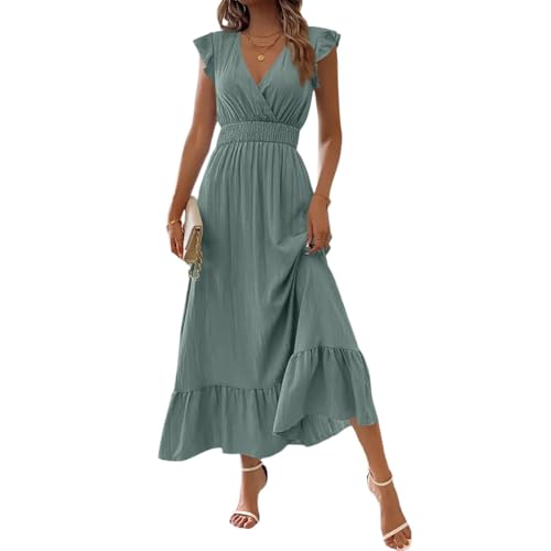 Générique Robe Longue Femme Mariage Été Robe Fluide Chemise Courte sans Manches Vetement Femme Ete Plage Boheme col en V Summer Dress Mes Commandes Vert...