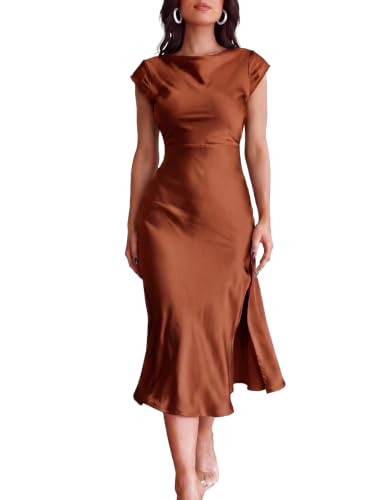 Damen Sommer Satin Eleganz Rückenfrei Twist Cap Ärmel Midi Kleid 2023 Sexy Wasserfallausschnitt Schlitz Cocktail Hochzeit Gast Kleider, Braun, Groß