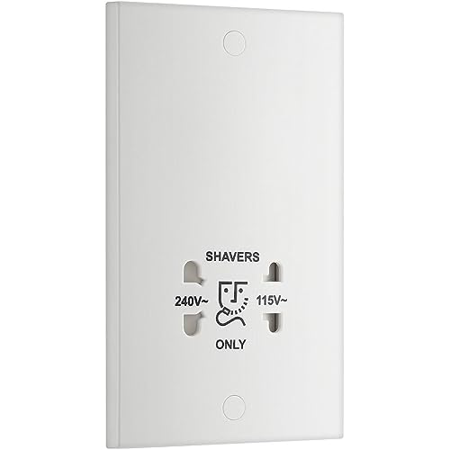 BG Electrical Dual Voltage Shaver Plug Socket, Electric Toothbrush Charger Socket for Bathrooms, Square Edge, Nexus 900 Series, White Moulded, 2-Pin, 115V / 240V, 940