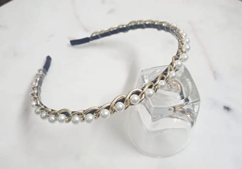 Image of Elegant&Exclusive Women's Fashion Chain Stones Hairbands /Headbands from Our Embellished Collection Useful for Girls & Women (Sleek Gold Chan with Pearls)