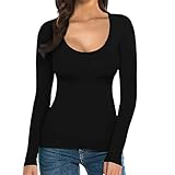 Camisetas de manga larga para mujer, blusas de cuello redondo, estilo casual, color liso, ropa básica para el año 2000, Camisetas negras para mujer, L