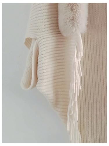 Verdusa Women's Faux Fur Collared Poncho Sweater Chunky Knit Fringe Shawl Wraps4