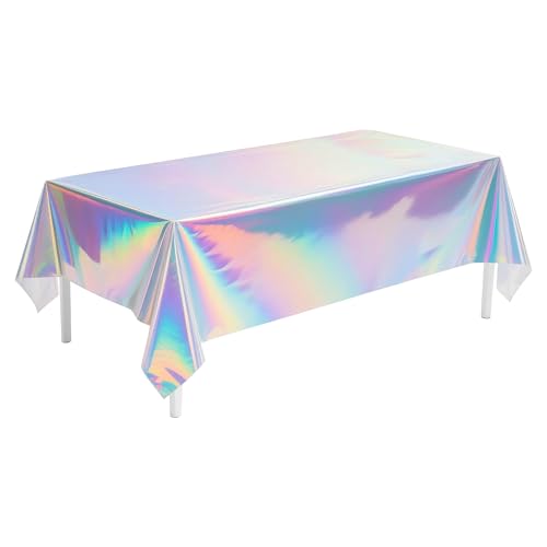 Image of 1 Pack Iridescent Tablecloth, 54 inch x 108 inch Birthday Party Table Cloths Iridescence Plastic Disposable Table Covers Iridescent Party Decorations, Birthday Decor Tablecloth for Buffet Table