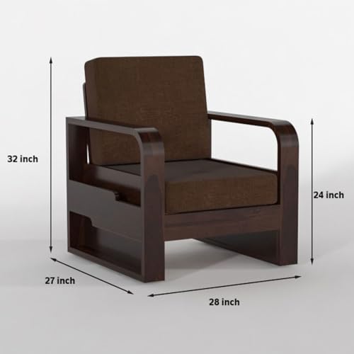 Image of Sheesham Wooden 1 Seater Sofa for Living Room | Solid Wood Sofa with Side Pocket Storage & Cushion | Rosewood Sofa Set for Home & Office | Lounge (Walnut with Brown Cushion, 1 Seater)