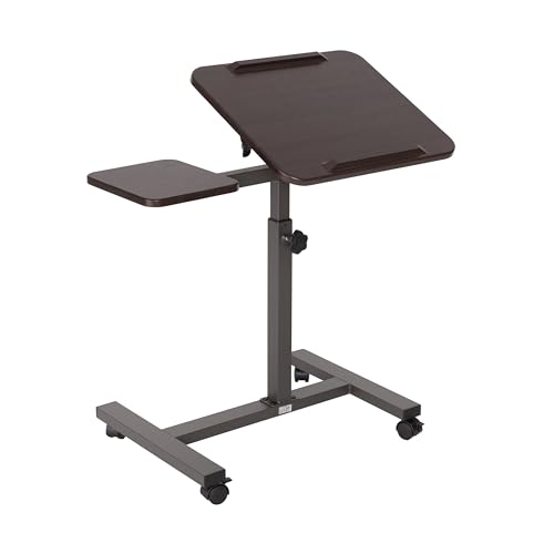 Image of Seville Classics Airlift Height Adjustable Mobile Rolling Laptop Cart Computer Workstation Desk, Table for Home, Office, Classroom, Hospital, w /Wheels, Walnut, Tilt w /Side Table (28 inch) (NEW Model)