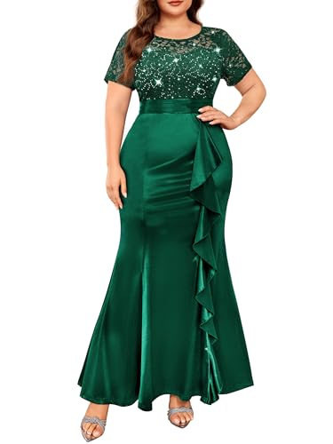 Miusol Women's Plus Size Lace Contrasted Satin Ruffled Trim Mermaid Hem Sequin Maxi Evening Dress