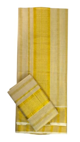 Image of Womens Kuthampully Set Mundu With Golden & Stripes Kara