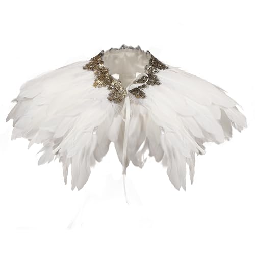 Women Feather Shawl Gothic Lace Cape Halloween Witch Costume Carnival(White)