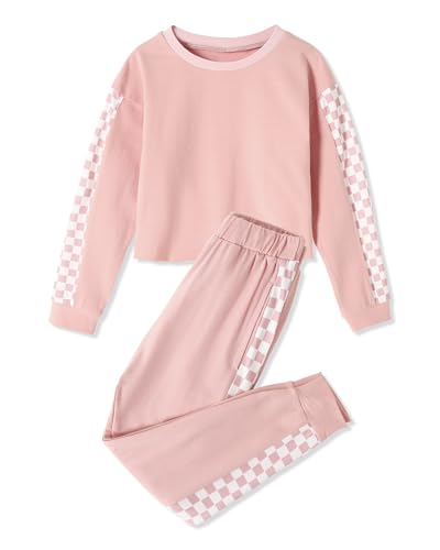 Image of SANMIO Toddler Girl Clothes 2 Piece Outfits Girls Tracksuit Activewear | Long Sleeve Crewneck Checkered Sweatshirts and Sweatpants Casual Fall Winter Clothing Set