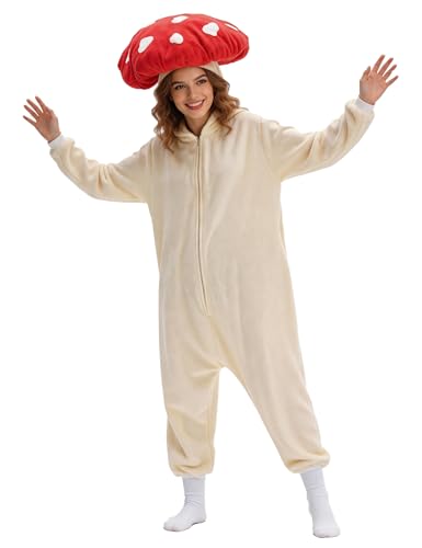 XIGUAGUO Red Mushroom Onesie Adult Mushroom Costume Fun and Comfy Adult Onesie for Women and Men