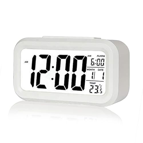 Image of HNY White Digital Alarm Clock Table Clock for Students, Home, Office, Corporate with Automatic Sensor, Date & Temperature