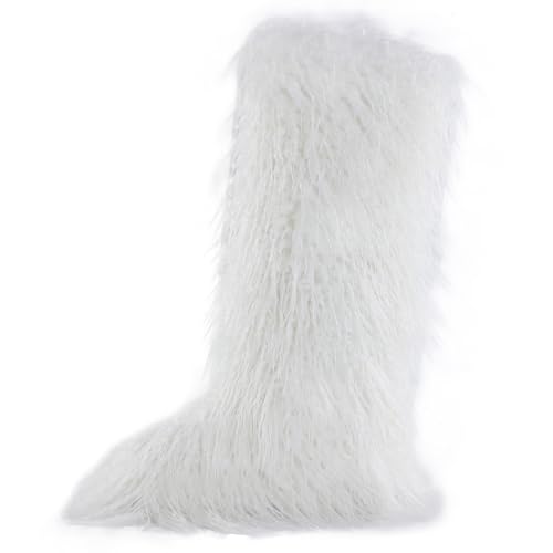 Image of Valpeak Faux Fur Tall Furry Boots for Womens,Long Winter Boots for Girls,Mongolian Fluffy Boots for Kids Fuzzy Knee-High Boots