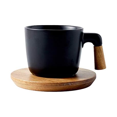 ArtioHipo Coffee Mug Tea Cup Ceramic with Wood Saucers 10.5 Oz Latte Mug Cups Ideal for Father's Day Anniversary Birthday Thanksgiving Christmas Presents (Black) Cover