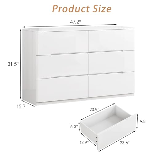 Image of White Wood Dresser, 6 Drawer Dressers for Clothes Storage for Bedroom, Modern Dresser with Wide Drawers, Wide Wooden Chest Drawers for Living Room, Entryway, TV Stand