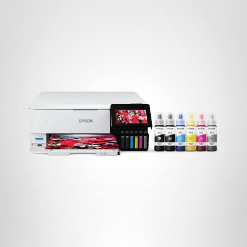 Epson EcoTank Photo ET-8500 Wireless Color All-in-One Supertank Printer with Scanner, Copier, Ethernet and 4.3-inch Color Touchscreen, White, Large