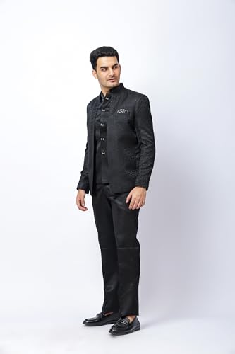 Image of Men's Black Indo-Western 3-Piece Set - Blazer with Inner and Matching Trouser | Festive & Wedding Ethnic Wear | Regular Fit