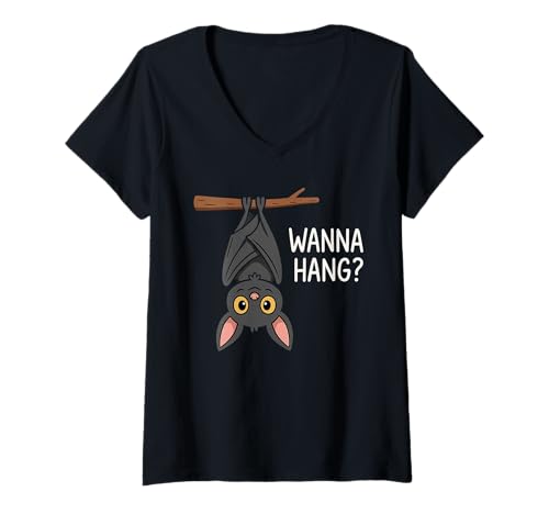Image of Womens Wanna Hang Cute Funny Pun Bat Lover Halloween V-Neck T-Shirt