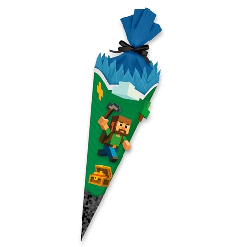 itenga Schultüten Bastelset Blockgame Pixel 68 cm Komplettset mit Schultütenrohling Krepppapier Deko-Set & Satinband Zuckertüte Junge zum Selber Basteln für die Einschulung