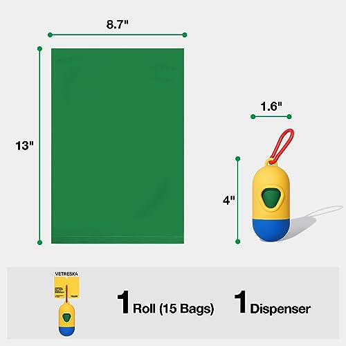 VETRESKA Dog Poop Bag Dispenser with Unscented, Leak Proof and Extra Thick Waste Bags, Rubber Soft-Touch Paint Pet Dispenser, 1 Count Holder and 15 Bags for Walking the Dog, Cats Litter, Yellow - Thumbnail 6