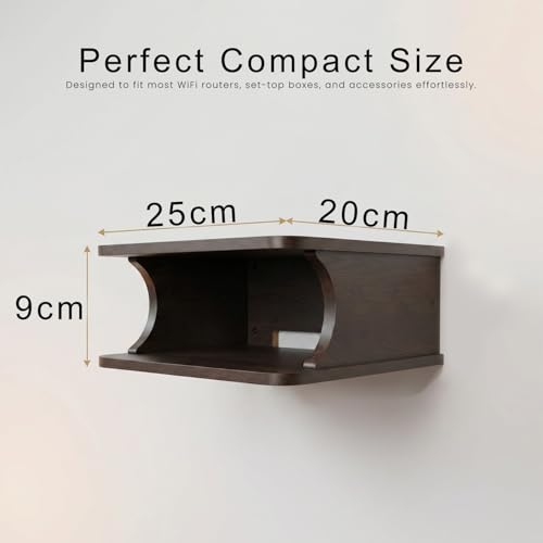 Image of Wall Mounted WiFi Router Shelf | Wooden Router Stand & Set Top Box Holder | Modern Floating Wall Shelf for WiFi Router, Remote, Accessories & Cable Management | Dark Walnut Finish