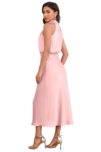 Image of Women's Satin Maxi Dress Summer Formal Wedding Guest Cocktail Dress | Mock Neck Sleeveless,Elegant Silk Midi Long Dress,High Neck,Halter,Aline,Bridesmaid,Bridal Shower Guest,Garden Party,Dinner