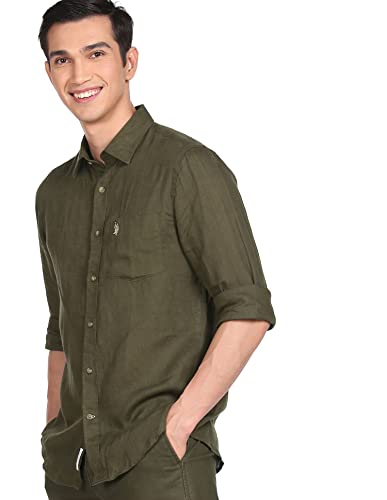 Image of U.S. Polo ASSN. Men's Solid Linen Tailored Fit Button Down Casual Shirt