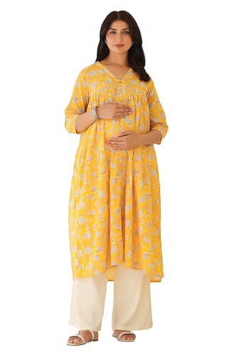 Image of Janasya Women's Pure Cotton Relaxed Fit A Line Floral Printed A-Line Maternity Kurta