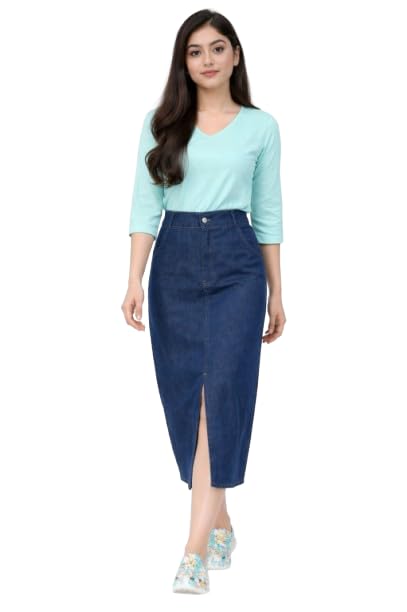 Women’s Navy Blue Denim Maxi Skirt with Front Slit 50600-picture-17