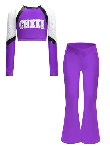 Kids Girls 2 Piece Gymnastic Dance Outfits Sparkly Long Sleeve Color Block Cheer Crop Top And Flared Pants Set Purple 14 Years3