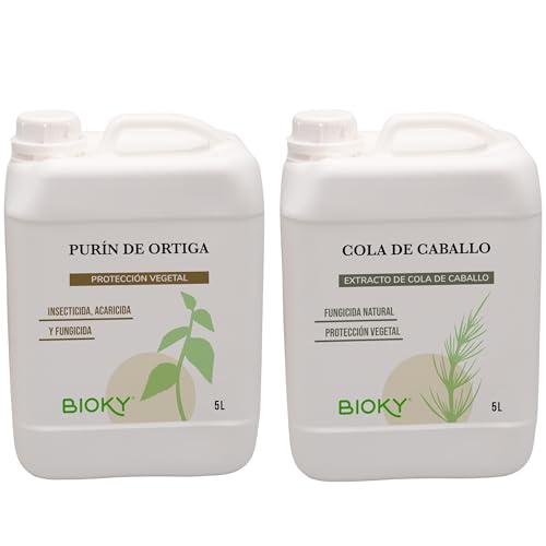 Bioky - Purín de Ortiga 5L y Extracto de Cola de Caballo 5L - Aporta Hierro y Nutrientes Esenciales - Mejora Defensas Naturales de Plantas - Producido por decocción y fermentación