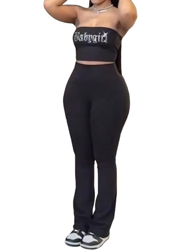 DXFAN 2 Piece Outfits for Women Sexy Strapless Rhinestone Slim Casual Crop Tops Pants Suit Tracksuit Street Fashion
