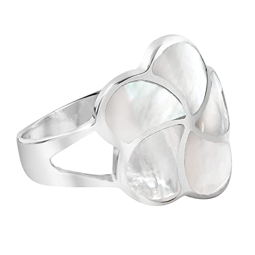 AeraVida Hawaiian Plumeria Flower White Mother of Pearl Inlay .925 Sterling Silver Ring | Adorable Flower Wedding Rings For Women Sterling Silver Rings Sizes (7)2