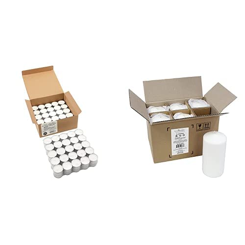 Stonebriar Tall 3x6 Inch Unscented Pillar Candles,White, 6 Count & 100 Pack Unscented Tea Light Candles with 6-7 Hour Extended Burn Time