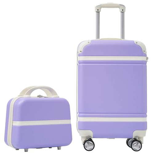 20 IN Hardside Luggage with Cosmetic Case, 2 Piece Lightweight Suitcase Set with Spinner Wheels, Carry on Vintage Luggage,Purple