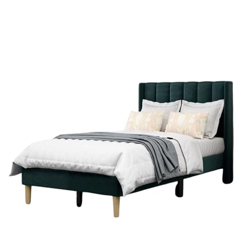 Image of Wooden Upholstered Bed Single Size Without Storage | Wrought Iron Single Size Cot with Headboard | Upholstered Bed for Bedroom | Palang Furniture for, Living Room, Dark Green, (Dark Green)