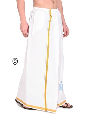 Image of Gowri Tex 100% Pure Cotton White Elastic Dhoti With Gold Border Dual Packet Pack Of 1 - Free Size