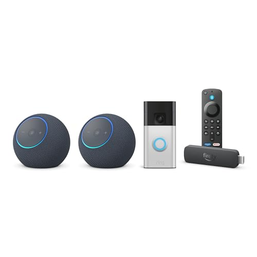 Entertainment and Security Starter pack - 2 Amazon Echo Dot Max devices + Ring Battery Doorbell (newest model) + Fire TV Stick 4K (newest model), Designed for Alexa+