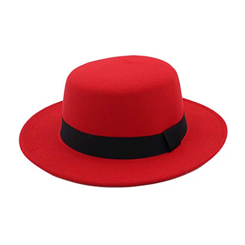 Damen Fedora-Hut mit breiter Krempe Wolle flache Oberseite Party Kirchenhut rot Einheitsgröße