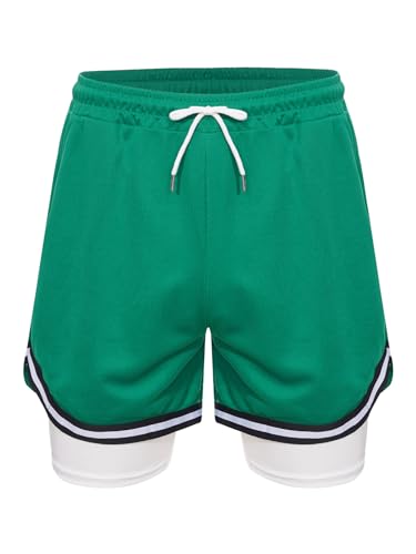 Yeahdor Boys Running Built-in Shorts Basketball Running Training Bottom Drawstring Elastic Waistband Sports Shorts Green 10-11 Years