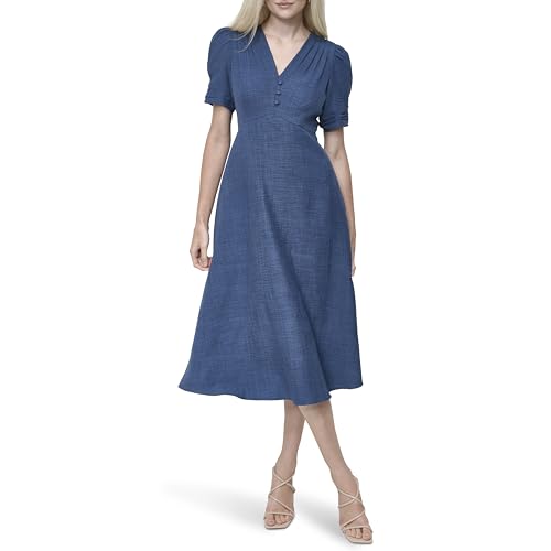 Image of DKNY Women's Short Sleeve Button Front Fit & Flare Midi Dress