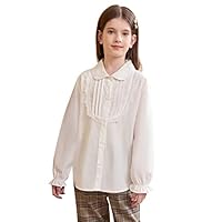 SOLOCOTE Fille Chemise Blanche Boutonnée Col Peter Pan Blouse à Manches Longues Volant Uniforme Scolaire Haut Blanc 11-12 Ans