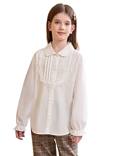 SOLOCOTE Camisa Blanca Niña con Botones Cuello Peter Pan Blusa De Manga Larga con Volantes Uniforme Escolar Top Blanco 13-14 años