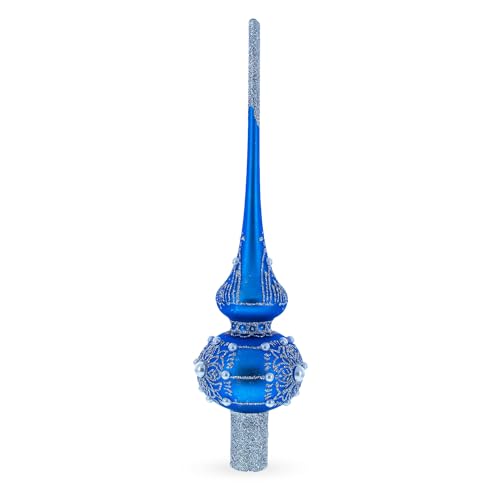 Puntero para árbol de Navidad en vidrio azul con telaraña plateada hecha a mano 3